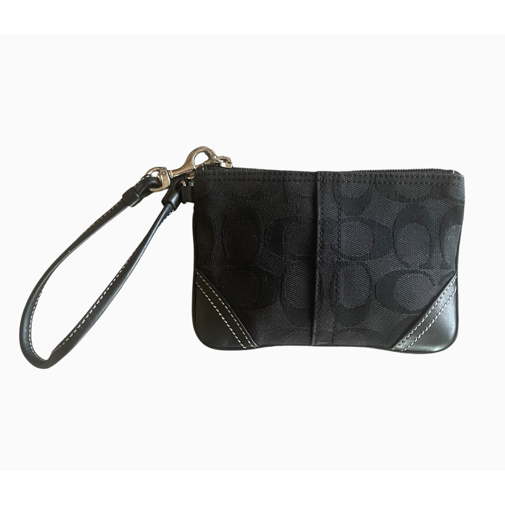 COACH Small Black Leather Signature Logo Monogram Canvas Top Zip Wristlet